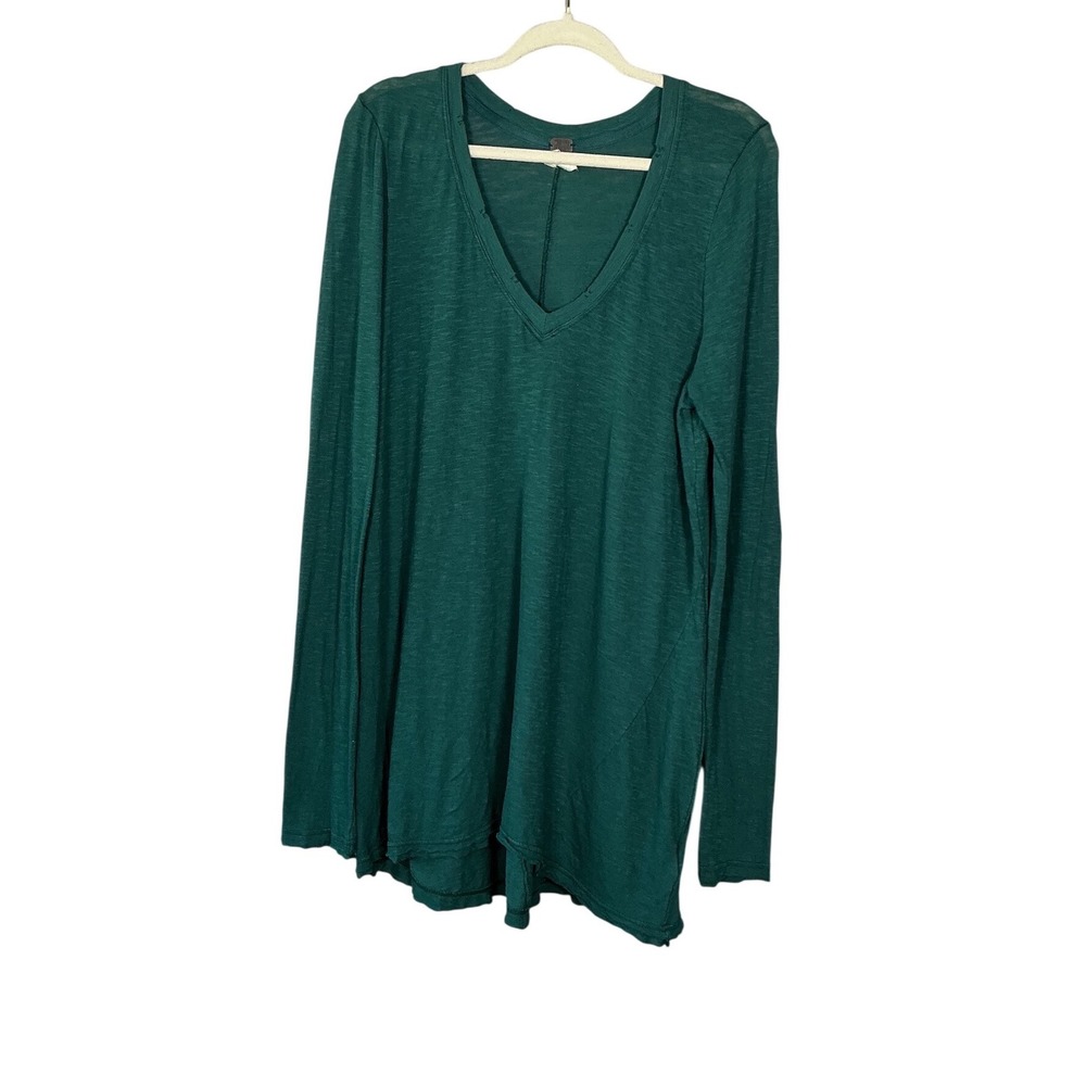 We The Free Free People Hunter Green V-Neck Long Sleeve Tunic Top Distressed L